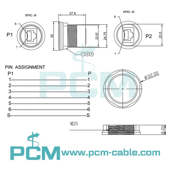 cutout size dimensions of RJ12 round panel mount adapter